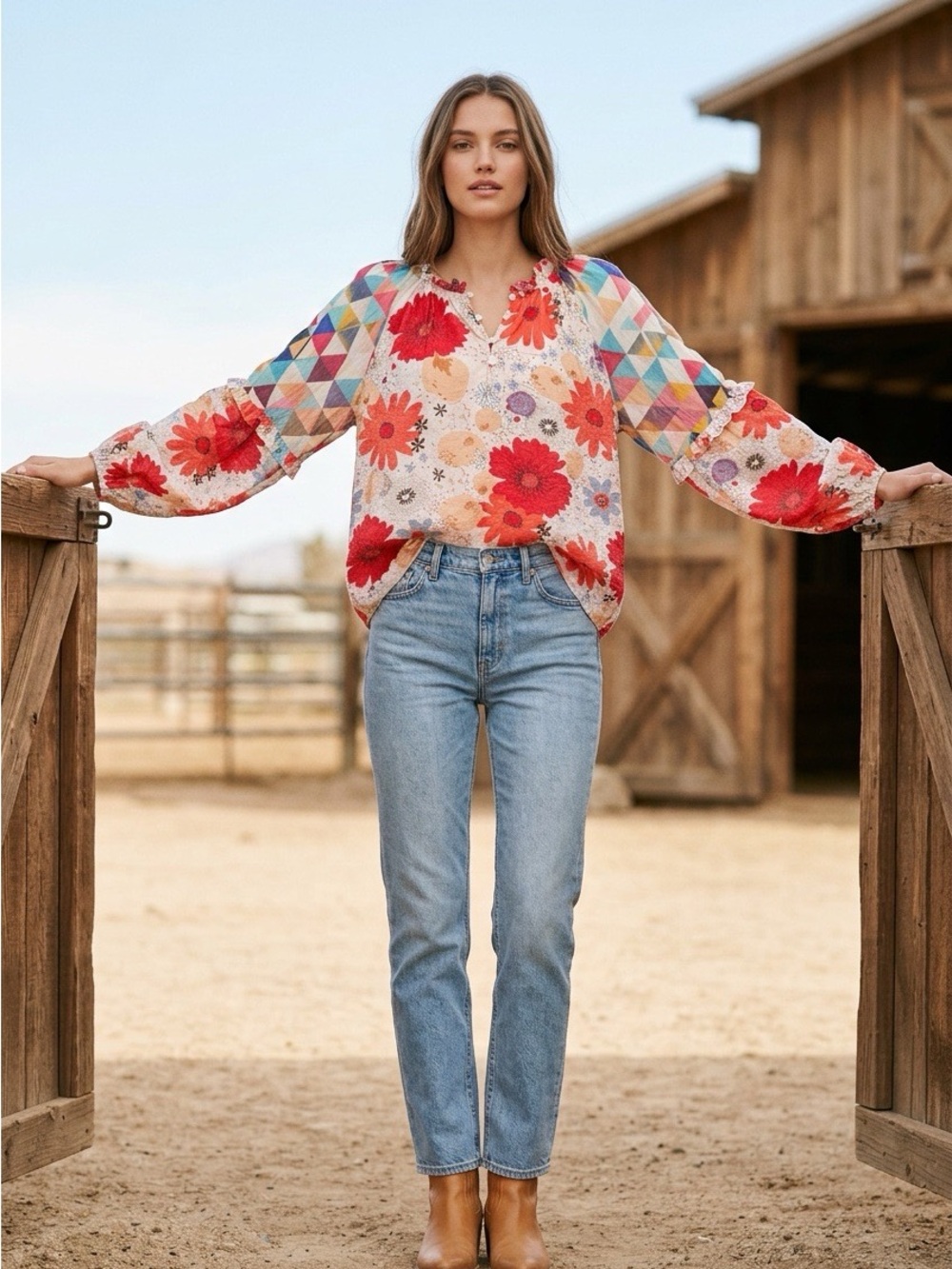 The Haven Mix Print Floral Henley Blouse